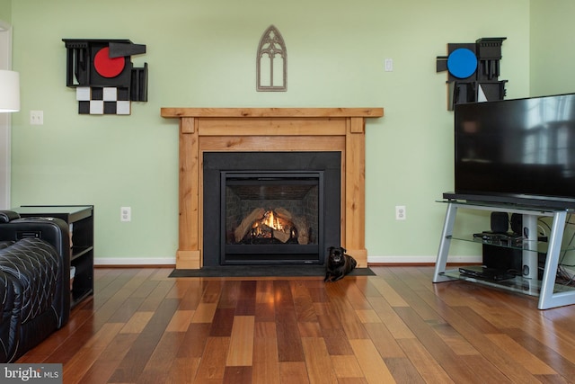 living room featuring a fireplace with flush hearth, baseboards, and wood finished floors