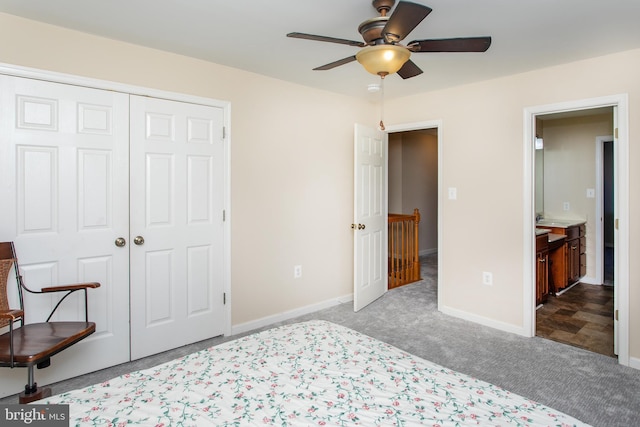 bedroom featuring a ceiling fan, a closet, carpet flooring, and baseboards