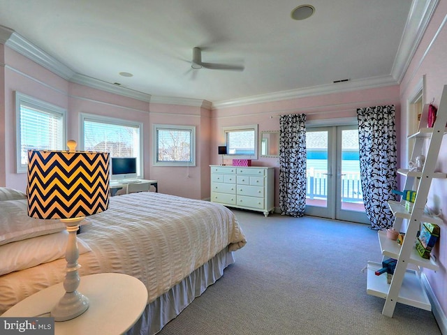 bedroom with crown molding, ceiling fan, carpet, and access to exterior