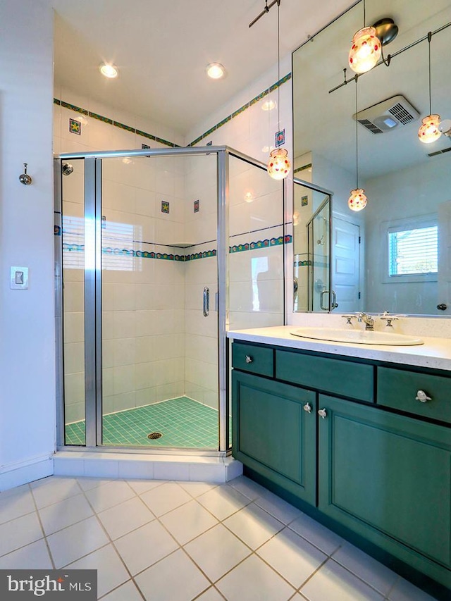 full bathroom with a shower stall, visible vents, and tile patterned flooring