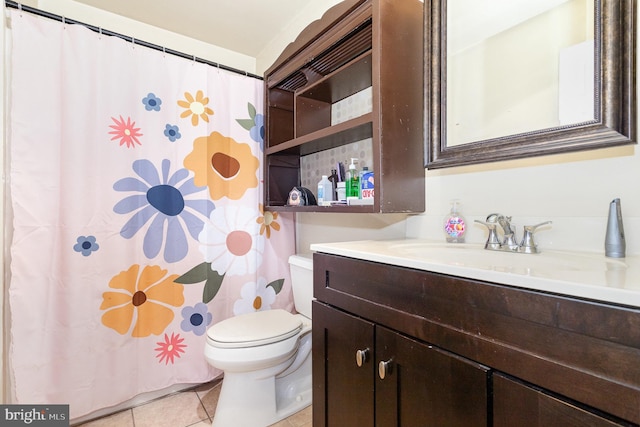 full bath featuring toilet, a shower with curtain, tile patterned flooring, and vanity