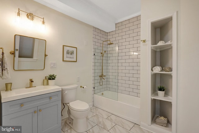 full bathroom featuring marble finish floor, bathtub / shower combination, vanity, and toilet