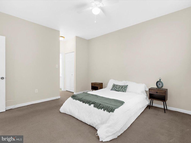 bedroom featuring carpet, ceiling fan, and baseboards