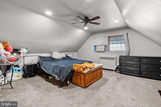 carpeted bedroom featuring radiator, lofted ceiling, ceiling fan, cooling unit, and recessed lighting