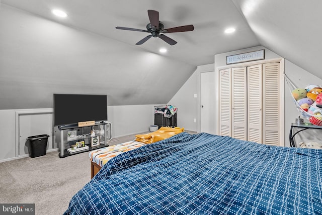 bedroom featuring vaulted ceiling, carpet, a ceiling fan, and recessed lighting