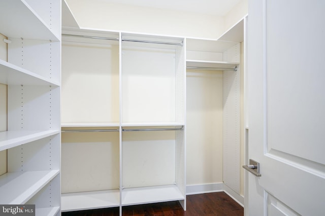 walk in closet with dark wood-style flooring