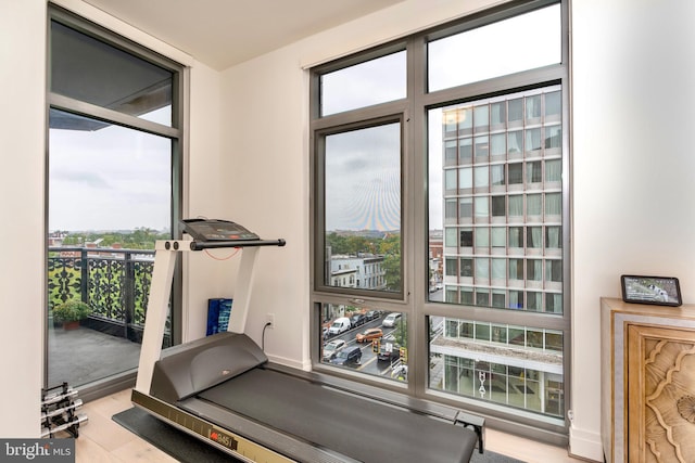 workout room featuring wood finished floors and floor to ceiling windows