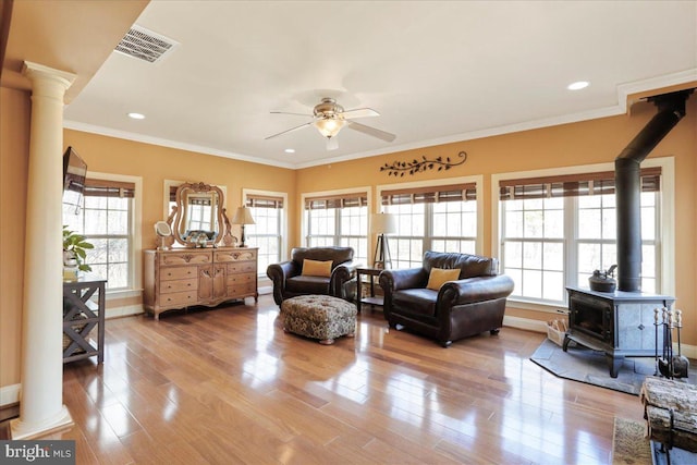 living room with a wood stove, visible vents, and a healthy amount of sunlight