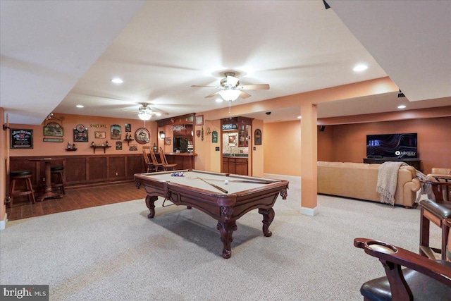 recreation room featuring a bar, billiards, carpet floors, and recessed lighting