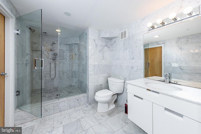 bathroom with marble finish floor, visible vents, a shower stall, and toilet