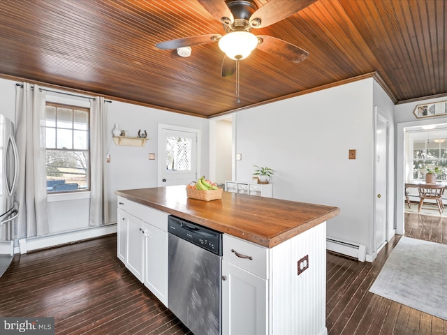 kitchen with dishwasher, dark wood-style flooring, wooden counters, and a baseboard heating unit