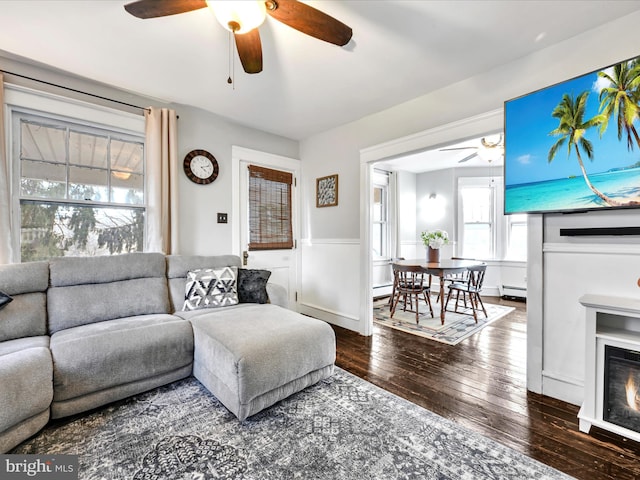 living area with a baseboard radiator, ceiling fan, hardwood / wood-style flooring, wainscoting, and a glass covered fireplace