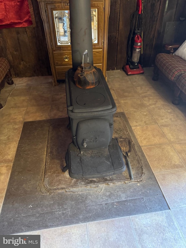 room details featuring a wood stove