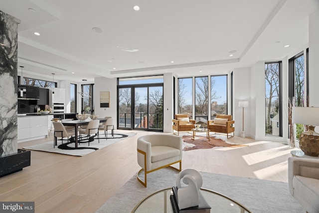 living area with light wood-style floors, a raised ceiling, and recessed lighting