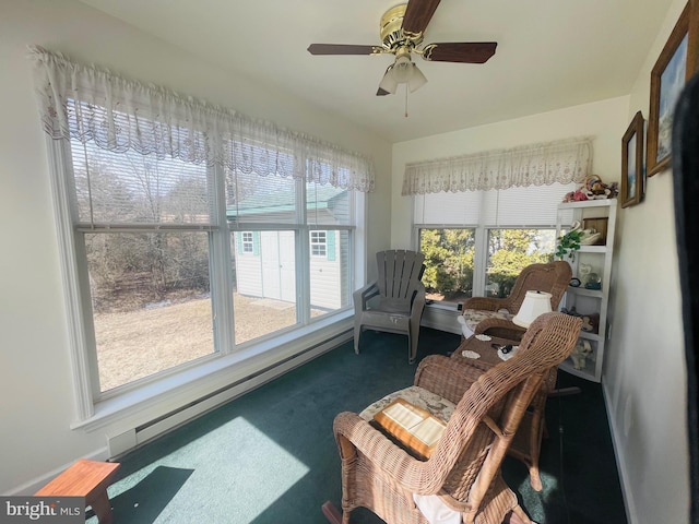 sunroom featuring a baseboard radiator and ceiling fan