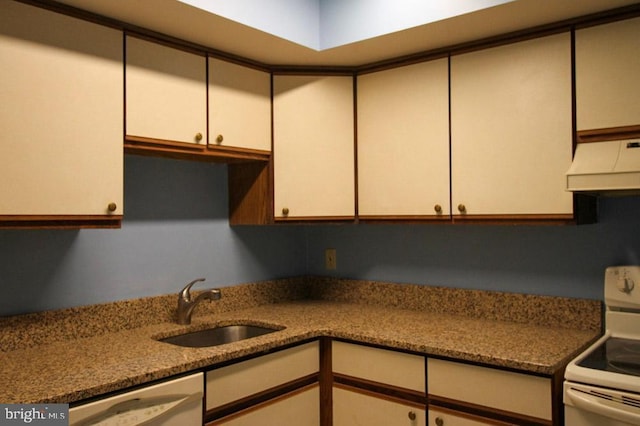 kitchen featuring a sink, white cabinets, white range with electric stovetop, dishwasher, and custom range hood