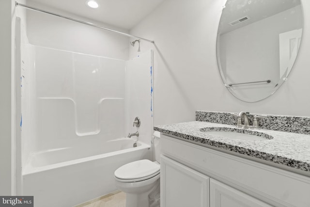 full bath featuring visible vents, toilet, vanity, shower / bathtub combination, and recessed lighting