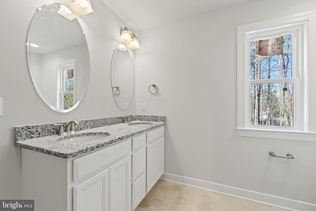 bathroom featuring plenty of natural light, a sink, and baseboards