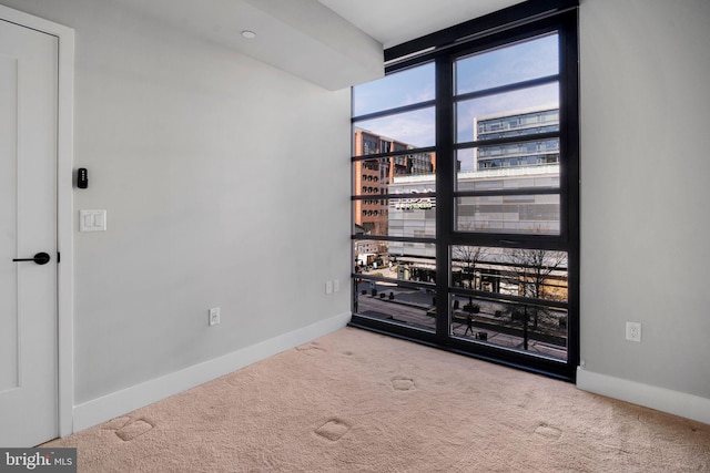 spare room with carpet floors, a wall of windows, and baseboards