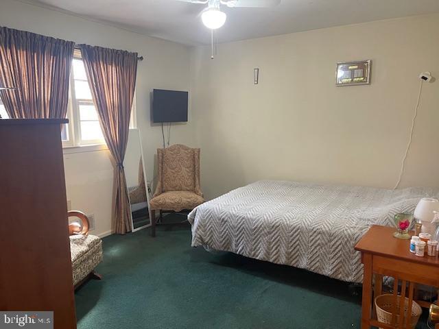 bedroom with a ceiling fan and carpet flooring