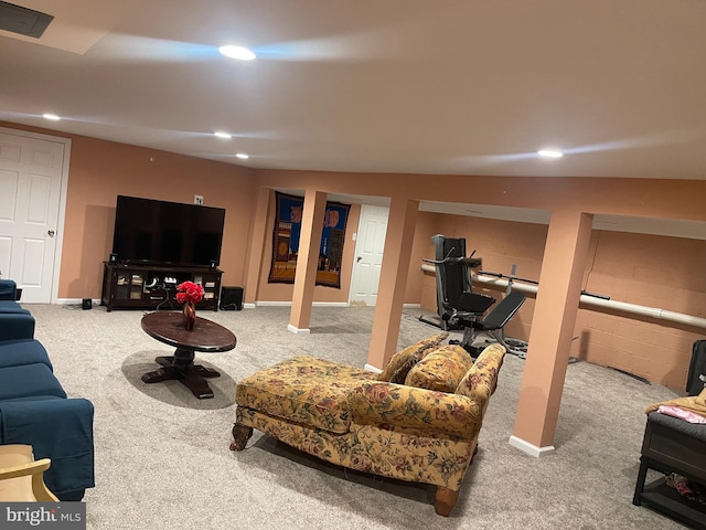 living area with baseboards, carpet flooring, and recessed lighting