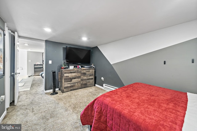 carpeted bedroom with baseboards, a baseboard heating unit, and vaulted ceiling