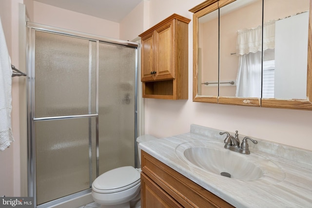 bathroom with toilet, a stall shower, and vanity