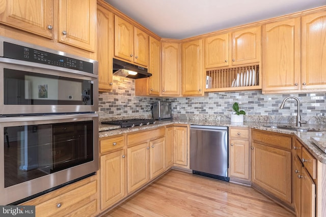 kitchen with under cabinet range hood, a sink, stainless steel appliances, light wood-style floors, and light stone countertops