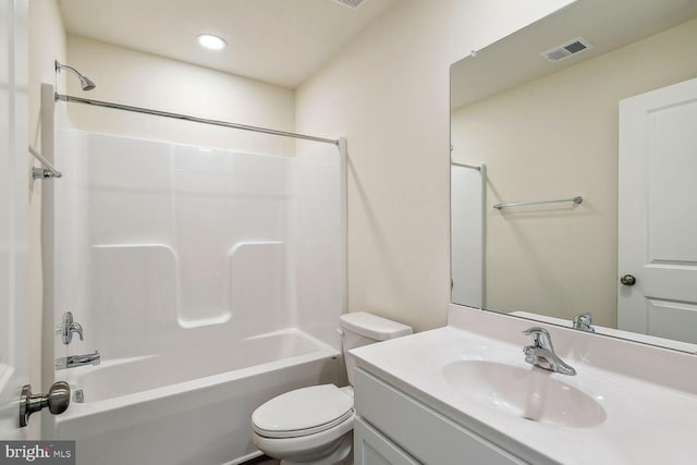 bathroom featuring toilet, recessed lighting, visible vents, vanity, and  shower combination