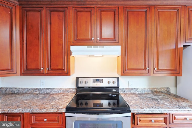 kitchen featuring under cabinet range hood, light stone counters, and electric stove