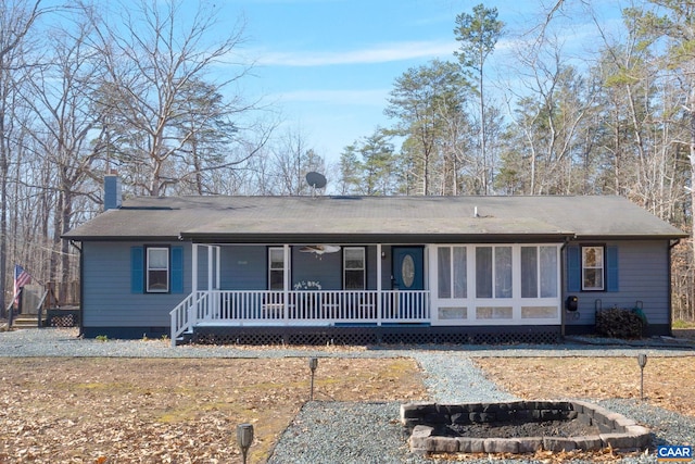 ranch-style house with crawl space, a porch, and a chimney