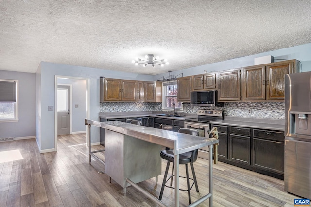 kitchen with light wood finished floors, appliances with stainless steel finishes, backsplash, and a sink