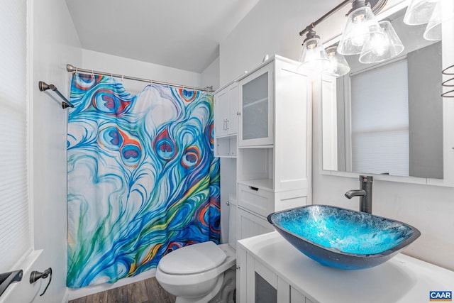 bathroom featuring vanity, wood finished floors, toilet, and a shower with curtain