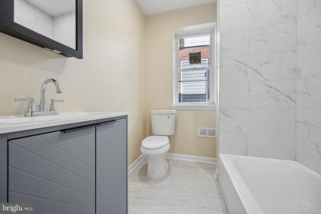 bathroom with marble finish floor, visible vents, toilet, vanity, and baseboards