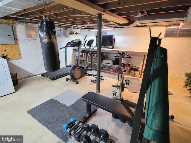 exercise room featuring washer / dryer and electric panel