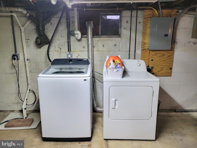 laundry room featuring laundry area, washing machine and clothes dryer, and electric panel