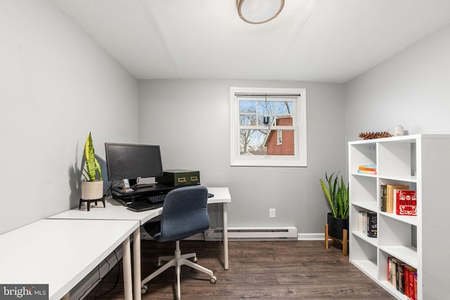 office space with dark wood-style floors and a baseboard heating unit