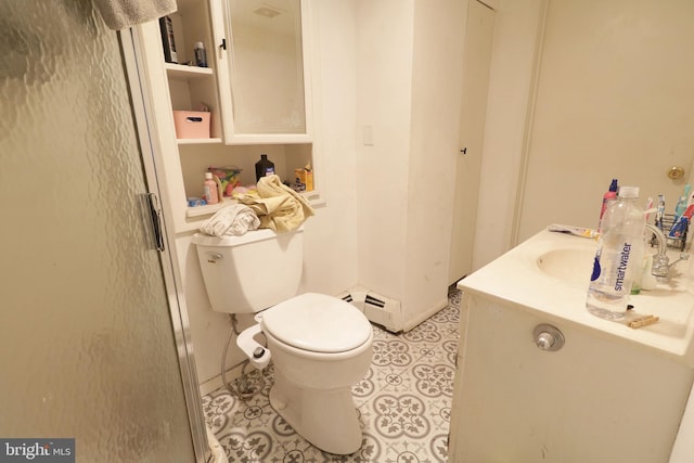 full bathroom featuring toilet, baseboard heating, a shower stall, vanity, and tile patterned flooring