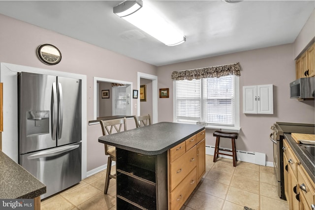 kitchen featuring stainless steel appliances, dark countertops, open shelves, and light tile patterned floors