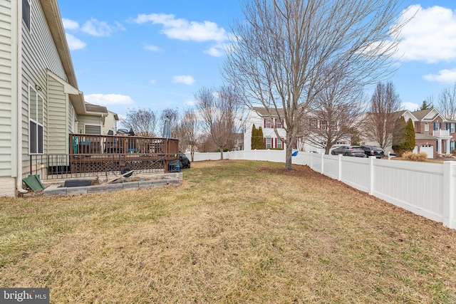 view of yard with a fenced backyard and a wooden deck