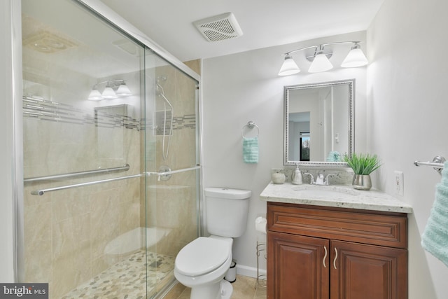 bathroom with toilet, a shower stall, visible vents, and vanity