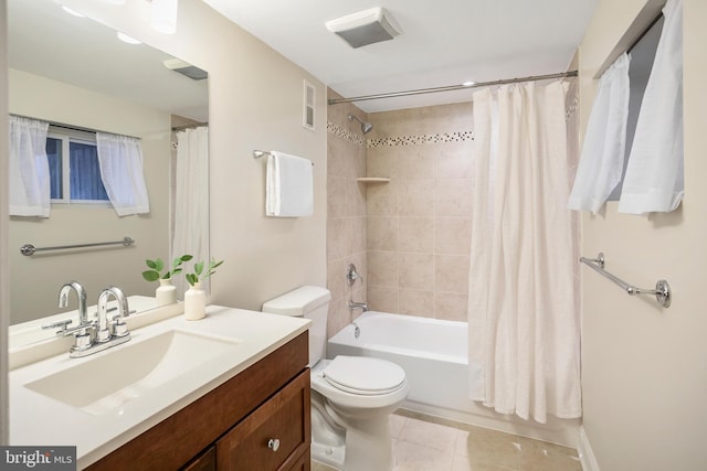 full bathroom with toilet, vanity, visible vents, tile patterned floors, and shower / bathtub combination with curtain