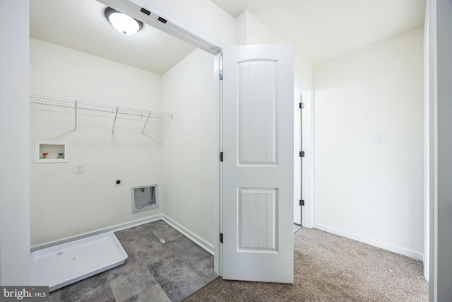 laundry room featuring laundry area, baseboards, hookup for a washing machine, hookup for an electric dryer, and carpet floors