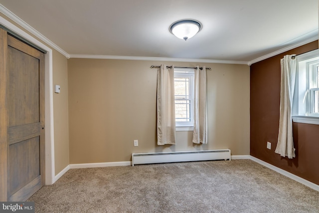 carpeted empty room featuring baseboards, a baseboard radiator, and crown molding