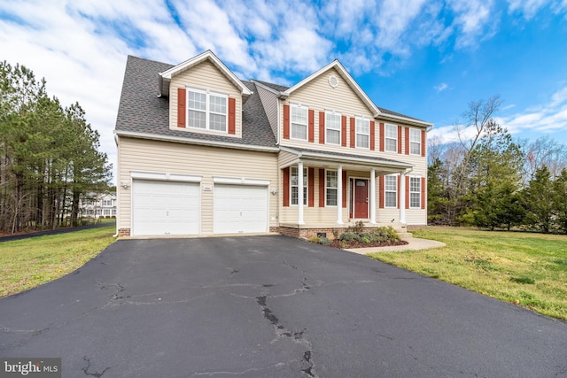 view of front of house with aphalt driveway, roof with shingles, crawl space, an attached garage, and a front lawn