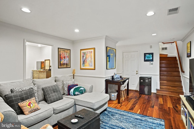 living room featuring crown molding, recessed lighting, visible vents, wood finished floors, and stairs