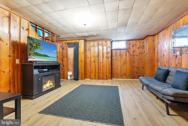 living area featuring wood walls, plenty of natural light, wood finished floors, and a glass covered fireplace