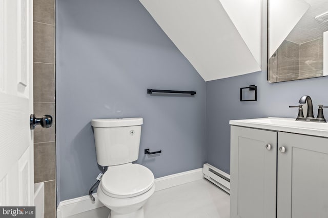 bathroom with baseboards, toilet, a baseboard radiator, vaulted ceiling, and vanity