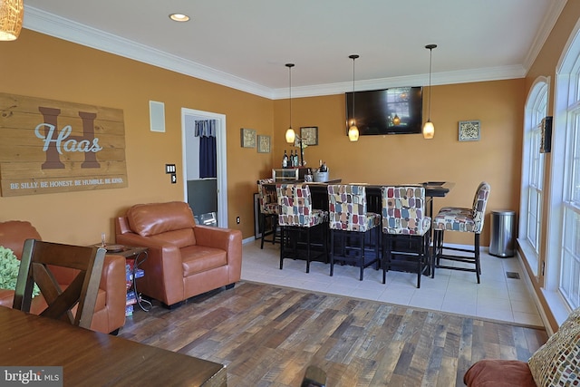 1 Longfellow Ln, Hainesport, NJ 08036 - living room with wood finished floors, crown molding, baseboards, and recessed lighting