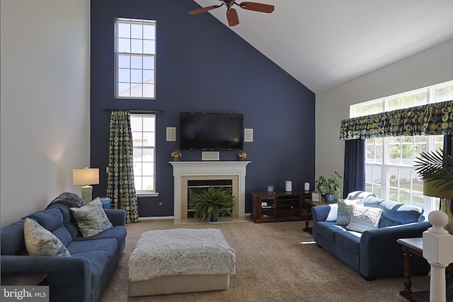 1 Longfellow Ln, Hainesport, NJ 08036 - living area featuring high vaulted ceiling, ceiling fan, carpet, healthy amount of natural light, and a fireplace with flush hearth